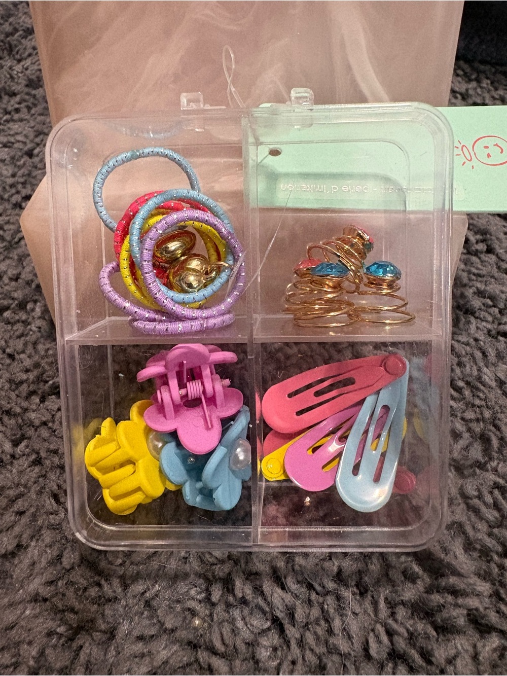 NWT Imitated Pearl box of screw, gems, hair ties, and claw clips, & barrettes